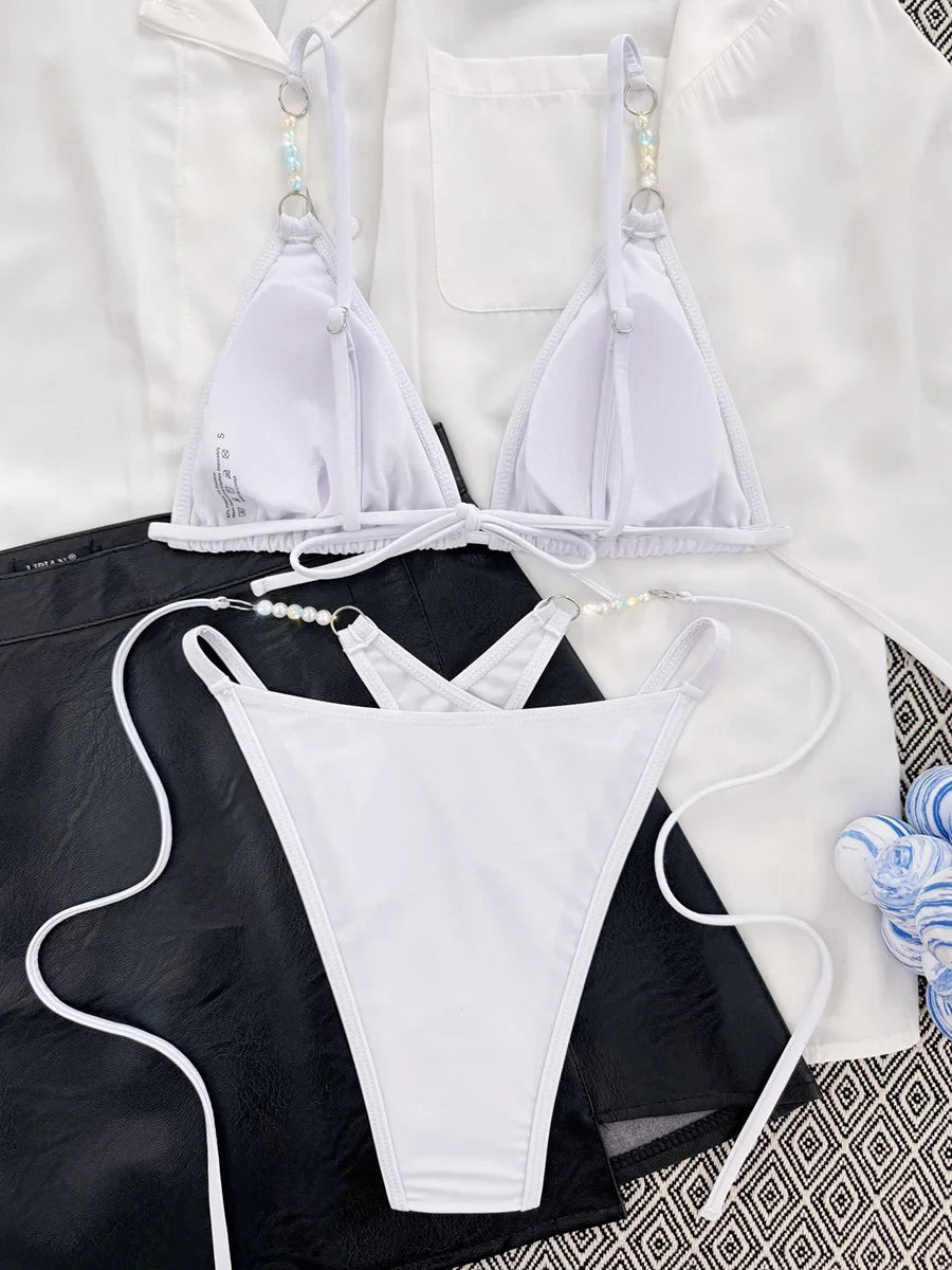 2025 Halter High Cut Pearls Bikini Women Swimsuit Female Swimwear Two-pieces Bikini Set Bather Lady Bathing Suit Swim Beach Wear
