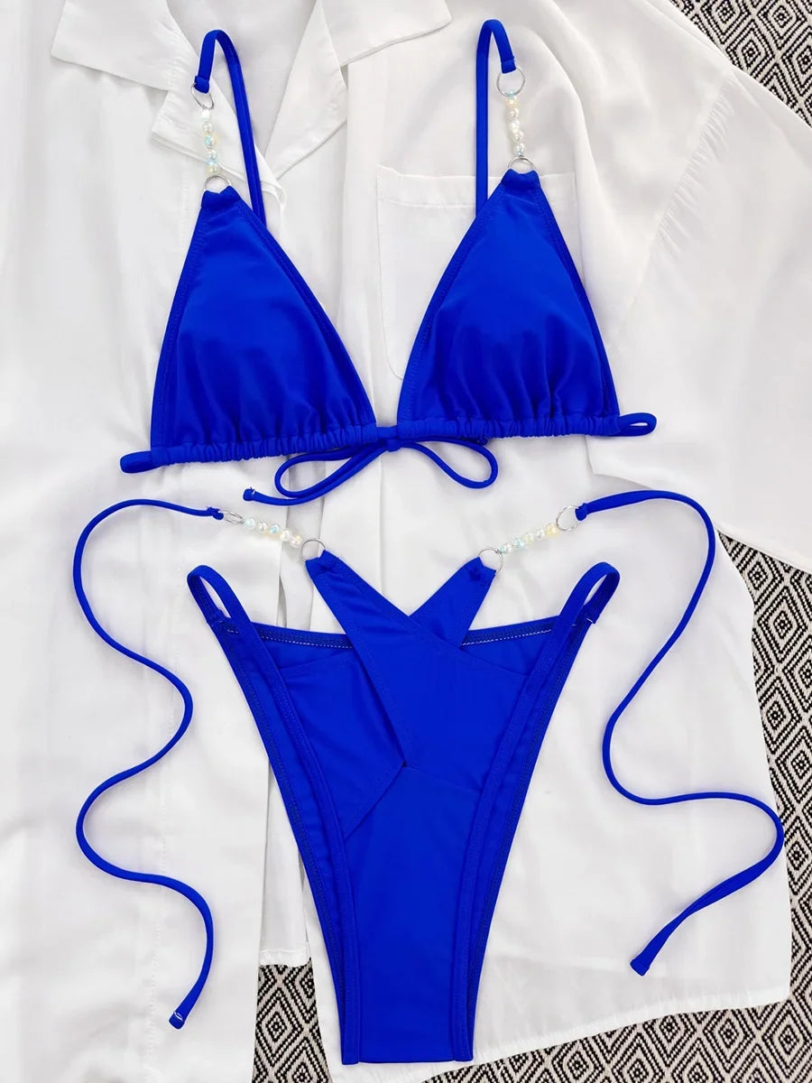 2025 Halter High Cut Pearls Bikini Women Swimsuit Female Swimwear Two-pieces Bikini Set Bather Lady Bathing Suit Swim Beach Wear