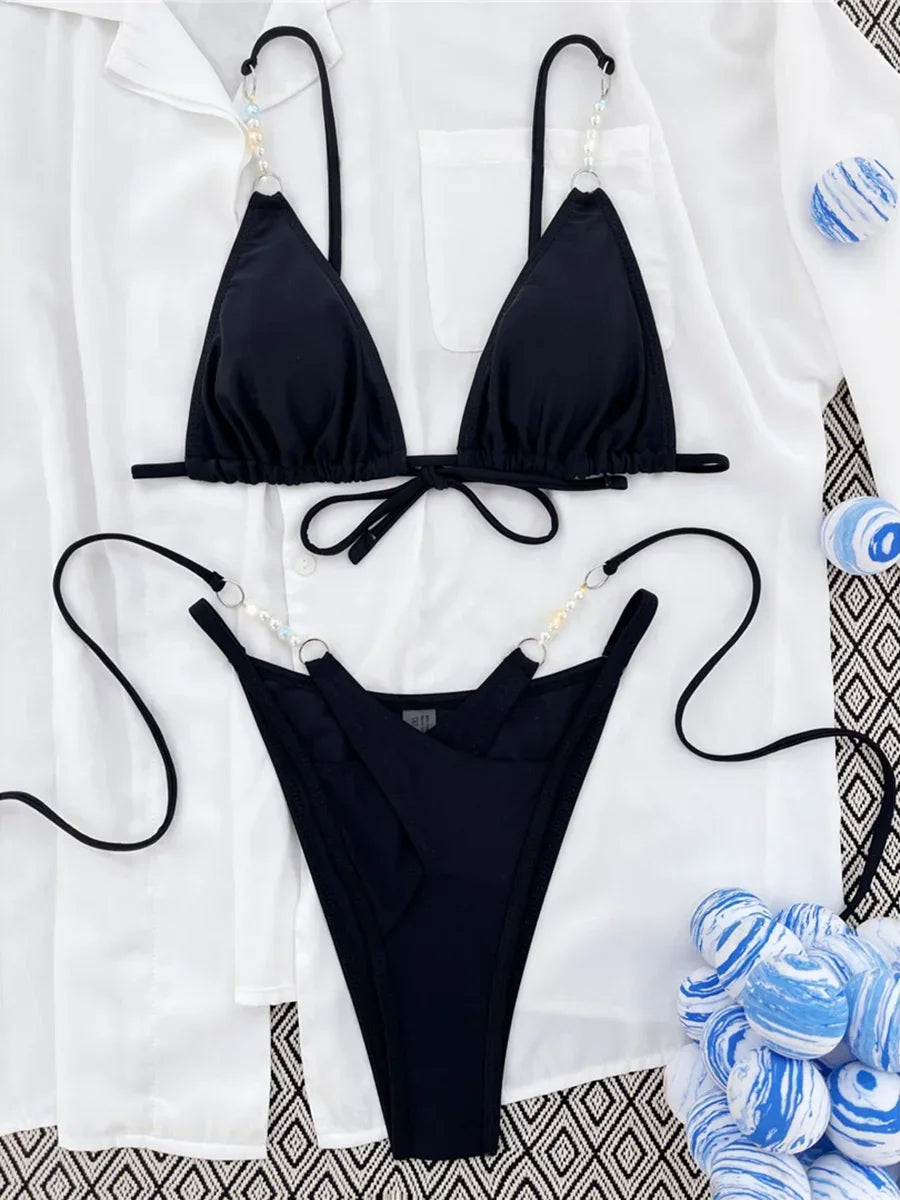 2025 Halter High Cut Pearls Bikini Women Swimsuit Female Swimwear Two-pieces Bikini Set Bather Lady Bathing Suit Swim Beach Wear