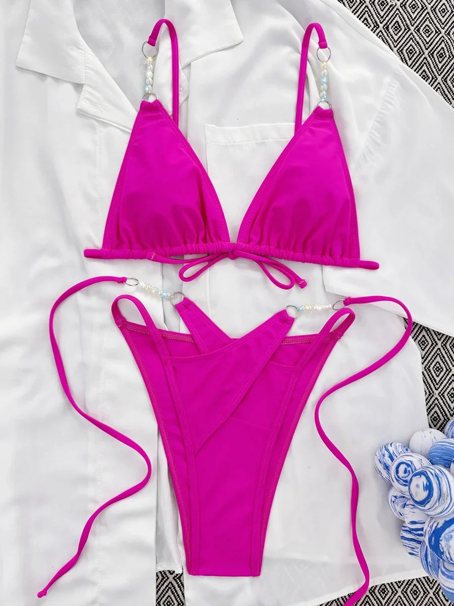 2025 Halter High Cut Pearls Bikini Women Swimsuit Female Swimwear Two-pieces Bikini Set Bather Lady Bathing Suit Swim Beach Wear
